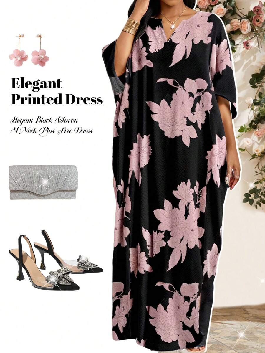 Fleurora Spring And Summer Elegant Black Woven V Neck Short Sleeve Tunic Dress Shirt Dress Plus Size Dresses Halloween Clothes Women Robes - Multicolor - View 1