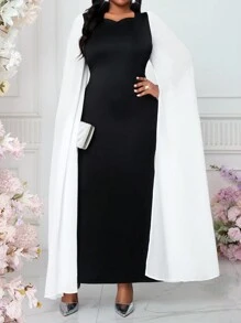 SHEIN Lady Women's Black And White Elegant Traditional Formal Wedding Guest Dress,Summer Plus Size Knitted Chiffon Sweetheart Cloak Sleeve Contrast Mesh Dress - Black and White - View 5