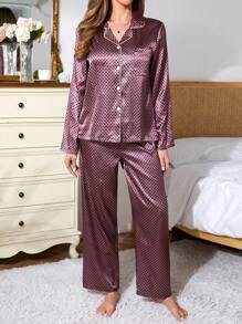 SHEIN EverLounge Conjunto de pijama minimalista de manga larga con botones frontales y pantalones para mujer