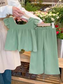 SHEIN LMoss Kids LMoss 少女素色梭织吊带背心和宽松休闲长裤两件套姐妹装适合春夏季 - 綠色 - 查看 8