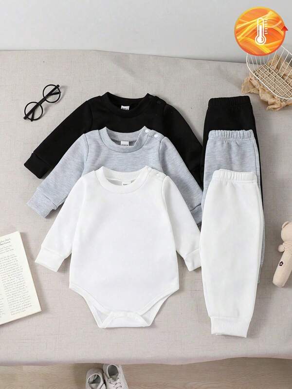SHEIN Vintaside Kids Conjunto de 3 piezas de body de manga larga de cuello redondo de colores lisos para bebé niño para primavera/otoño, disponible en negro, blanco y gris, con diseño de patrón simple de unicolor para un aspecto elegante, corte holgado apto para varios tipos de Body.