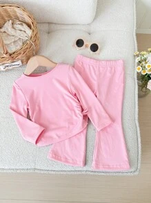 SHEIN Baby Girl Casual Floral Grey Crew Neck Ruched Long Sleeve Fitted Knit Top And Flare Pants Set, Suitable For Home Or Outdoor Wear - Pink - View 2
