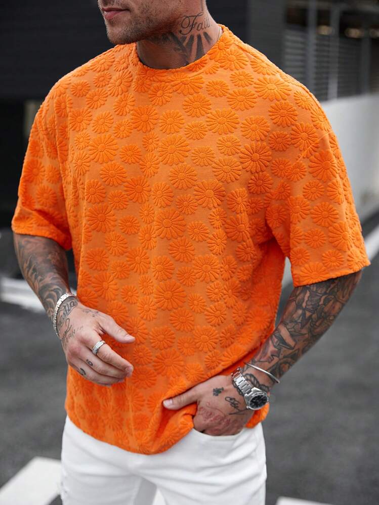 Manfinity Homme Men's Vacation Casual Style INS Round-Neck Short-Sleeve T-Shirt, Perfect For A Hawaiian Beach Vacation, As Well As Music Festivals And Everyday, Making It An Excellent Gift For Boyfriends Or Husbands. Suitable For Pairing In All Four Seasons, Especially Spring And Summer. - Orange - View 1