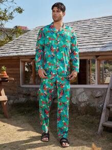 Manfinity ChillVibe Men's Front Button Long Sleeve Printed Minimalist Top & Pants Pajama Set - Mint Green - View 6