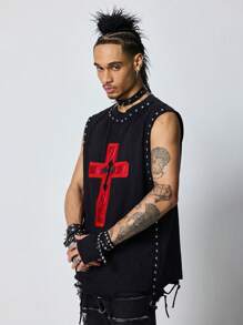 ROMWE MEN Street Life Men's Punk Cross Print Round Neck Casual Tank Top - Black - View 7