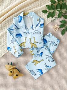 2pcs/Set Toddler Boys Cute Dinosaur Print Long Sleeve Top And Long Pants Home Outfit - Blue - View 3
