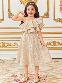 SHEIN Fitted Cute Asymmetric Neck Ruffle Trim Short Sleeve Skater Dress For Young Girl - Apricot - View 3