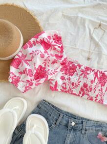 Soleia Women's White And Pink Pineapple,Bird & Floral Print Puff Sleeve Twist Hem Cropped Shirt,Summer Boho Vacation Holiday Western Wear Tops - Multicolor - View 7