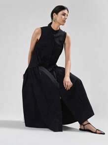 Ontre Robe décontracté ample et confortable à boutons devant sans manches, couleur unie, style urbain chic, convient pour le trajet domicile-travail - Noir - Voir 3