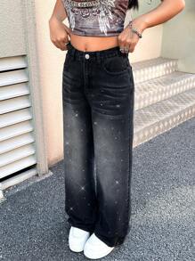 SHEIN Teens/Teen Girl Sparkly Rhinestone Embellished Loose Wide-Leg Blue Denim Pants
