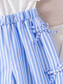 SHEIN 年轻女孩针织吊带背心条纹拼布连体裤，收腰宽松直筒裤，休闲夏日度假装 - 藍色 - 查看 5