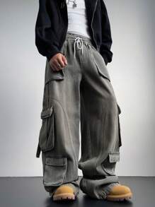 Manfinity EMRG Men's Light Blue Denim Cargo Baggy Jeans - Light Grey - View 4