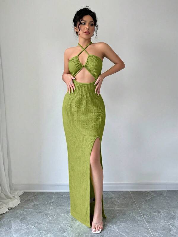 Islaluna Vestido largo ajustado con cuello de halter, abertura lateral y recorte para Año Nuevo, atuendo para mujer