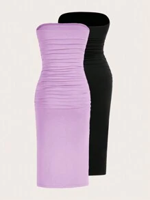 Muchica Two-Piece Set Women's Solid Color Slit Pleated Minimalist Fitted Bodycon Knit Dress - Lilac Purple - View 2