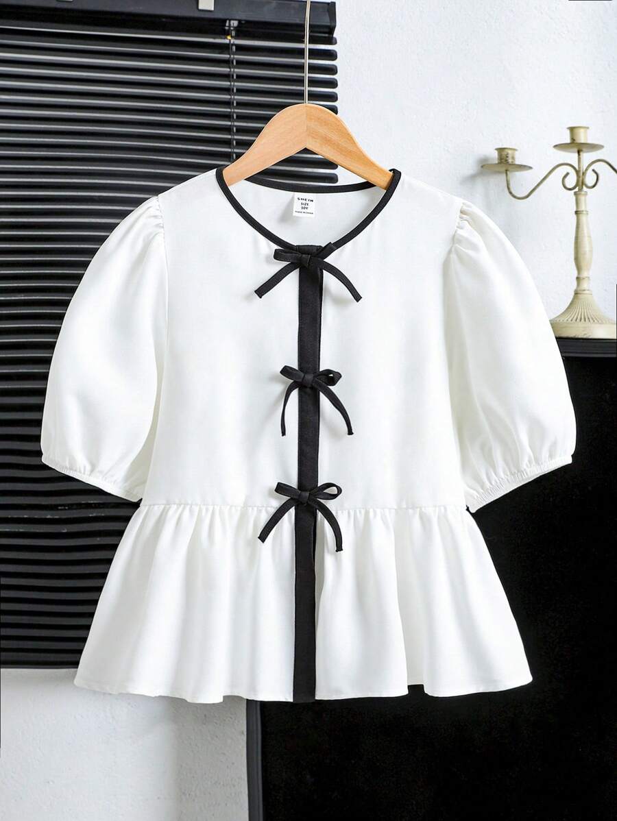 SHEIN Leap Crew Tween Girls' Loose Casual Color Blocking Bowknot Short Sleeve Shirt - White - View 1