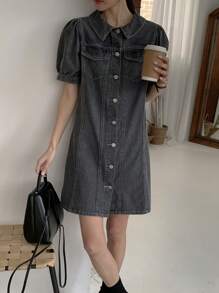 FRIFUL Abito di jeans casual da donna con maniche a palloncino e bottoni sul davanti, abito estivo