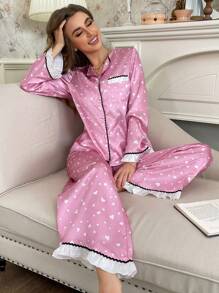 浪漫优雅心形图案撞色蕾丝花边女式睡衣套装 - 粉色 - 查看 7
