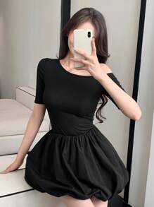 DAZY Asymmetrical Shoulder Solid Color Ruched A-Line Mini Dress For Women,Casual Women Dresses