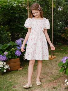 WESTFADE Young Ditsy Floral Backless Bowknot Puff Sleeve Cinched Waist Dress For Tween Girls, Vacation Sweet Style, Suitable For Traveling, Photography, Vacation, And Gatherings