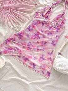 Soleia 度假浪漫蝴蝶扎染印花吊带 V 领系带褶皱女式迷你连衣裙