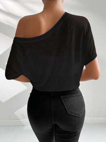 Chiquease Women's Solid Color Asymmetrical Short Sleeve Casual Bodysuit,Suitable For Vacation - Black - View 2