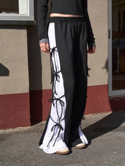 Jouncy Women's Solid Color Patchwork Lace-Up Simple Casual Trousers Fall Cloth For Women