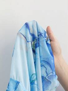 Soleia 大码女式彩色大理石印花针织网眼前开腰喇叭袖衬衫 - 藍色 - 查看 9