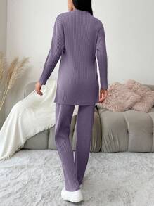 EURMUSE Set de 2 piezas de algodón con top y pantalones de unicolor y diseño sencillo - Lila Púrpura - Ver 2