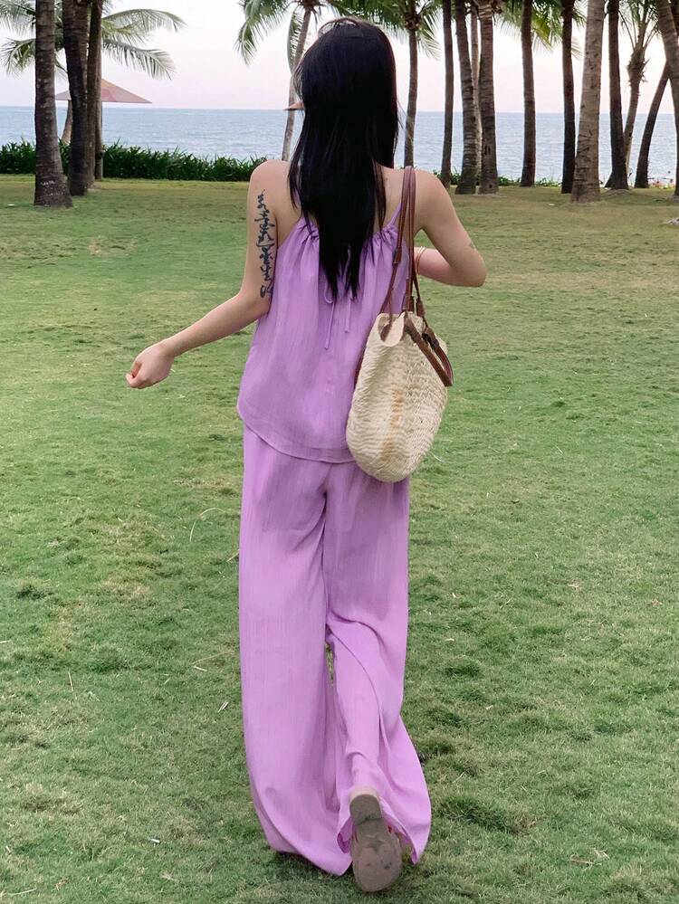 2pcs/Set Women Plain Pleated Drawstring Camisole And Wide Leg Pants Casual Vacation Summer Outfit