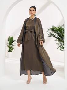 Al Najma 女士撞色金属灯笼袖阿拉伯长袍，端庄长袍 - 金色 - 查看 3