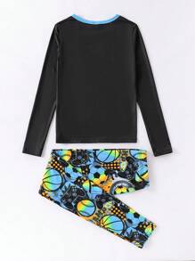 Tween Boy 2 件套图案紧身服装 - 足球印花裤和长袖上衣，配有游戏机图案 - 彩色 - 查看 2