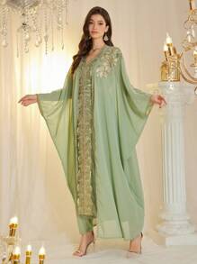 Layrah Custom Sequin Embroidered Splice Loose Luxury 2 Pieces Dress Set For Women, Modest Kaftan - Green - View 3