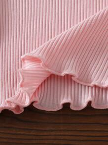 2 件装女宝宝韩版夏季休闲粉色罗纹上衣和米色泡泡裙套装 - 彩色 - 查看 8