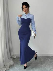 Selianne 优雅紧身 AB 拼接高开衩长袖开袖鱼形下摆条纹混合针织连衣裙，女式秋冬长款女装 - 彩色 - 查看 5