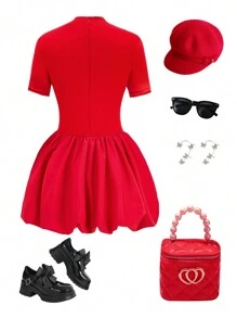 SHEIN Tween Girls Fitted Casual Short Sleeve Stand Collar Ruffle Hem Anti-Flashing Skater Dress - Red - View 3