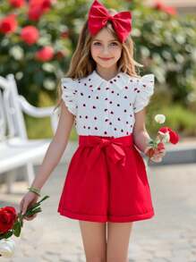 2pcs Valentine's Day Tween Girls Heart Print Collar Shirt And Shorts, Spring/Summer Casual Formal Outfit Set - Red and White - View 1