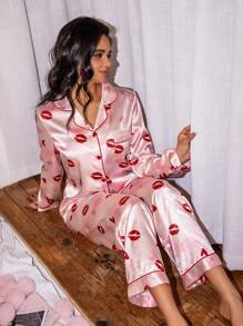 Imitation Silk Lips & Heart Pattern Cardigan & Pants Valentine's Day Pajama Set - Multicolor - View 3