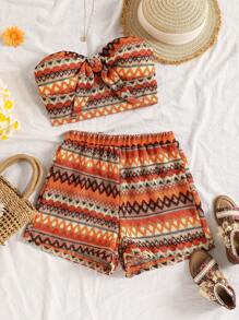 Set de 2 piezas Top corto tipo bandeau con nudo colorido tejido falso + Shorts de vacaciones de playa para adolescentes