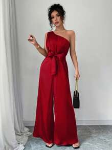 SHEIN PETITE 优雅、日常休闲、斜肩款式、松紧腰带、缎面材质、女式连体裤/连身裤适合派对、日常约会、情人节、节日穿着 - 紅色 - 查看 7