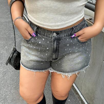 플러스플러스 사이즈 버튼 프런트 포켓 찢어진 헴 캐주얼 데님 반바지 콘서트 여성 여름 웨스턴 보헤미안 시크 카우걸 열대 휴가 여성 비치 열대 휴가 여성 핏팅 반바지 라인스톤 블랙 데님 반바지