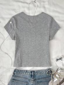 Tween 女童灰色刺绣字母针织休闲 T 恤上衣，百搭日常穿着 - 灰色 - 查看 4