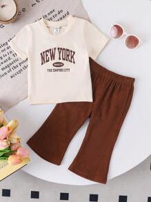 Baby Girl 2024 Summer Vacation Fashionable American Retro Letter Print T-Shirt For Toddlers+Casual Flare Pants Set
