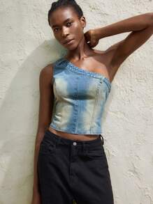 Maija 女装牛仔上衣 复古蓝 斜肩 春夏牛仔上衣 - 中等水洗藍 - 查看 4