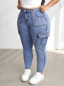 SHEIN CURVE+ Quần Jeans Skinny Lưng Cao Co Giãn Cỡ Lớn Có Túi Hộp, Mùa Hè - Màu xanh lam - Xem 7