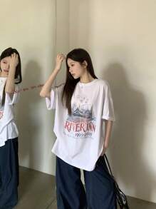 DAZY 女式圆领休闲逼真印花短袖 T 恤图案 T 恤，教师服装