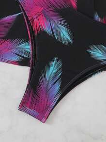 SHEIN Set da 2 pezzi per vacanze al mare, top con scollo ad aletta e slip da bagno con coulisse e stampa casuale di piante tropicali, slip da bagno con taglio alto, set bikini da vacanza, per l estate