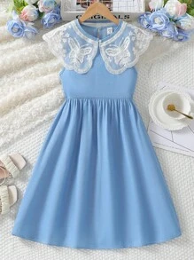 Tween Girls Embroidered Ruffle Collar Tiered Denim Dress, Casual & Comfortable Stylish Look For Summer - Blue - View 3