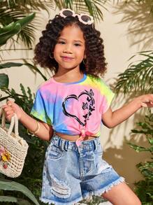 SHEIN Young Girl Knitted Crew Neck Heart Pattern Casual T-Shirt - Multicolor - View 1