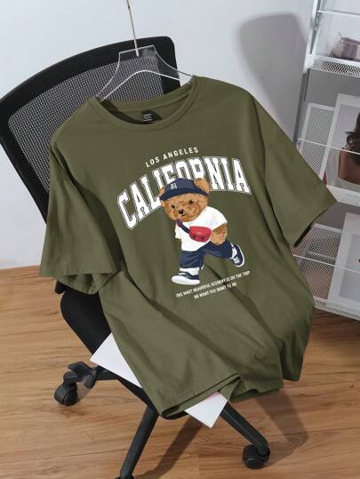 SHEIN EZwear Plus Size Casual Simple Bear Graphic Round Neck Short Sleeve Loose Fit Plus Size Women T-Shirt, Suitable For Summer Suitable For Going Out