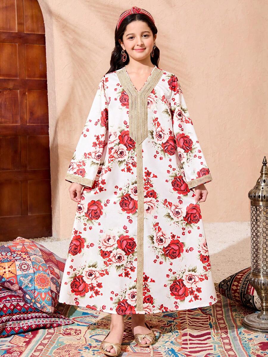 Tween Girls Abaya Kaftan Jalabiya 束腰外衣斋月当地传统保守服装,金色带领花朵宽松度假印花连衣裙 - 彩色 - 查看 1